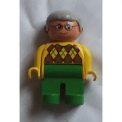 Duplo Figure, Male, Green Legs, Yellow Argyle Sweater, Gray Hair, Glasses (75465)