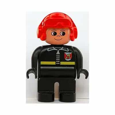 Duplo Figure, Male Fireman, Black Legs, Black Top with Fire Logo and Zipper, Red Aviator Helmet