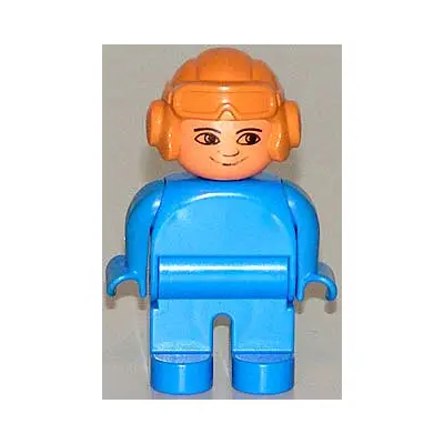 Duplo Figure, Male, Blue Legs, Blue Top, Aviator Helmet Fabuland Orange, no White in Eyes Pattern
