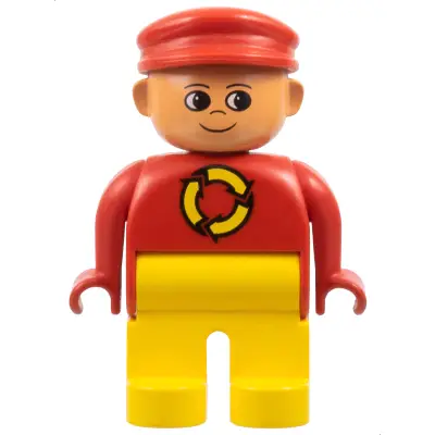 Duplo Figure, Male, Yellow Legs, Red Top with Recycle Logo, Red Cap, Turned Up Nose