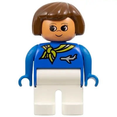 Duplo Figure, Flight Attendant - Female, White Legs, Blue Top with Scarf with Stripe and Jet Airplane Pin Pattern, Brown Hair, Nougat Head with Grin and Turned Up Nose (75515)