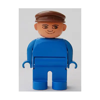 Duplo Figure, Male, Blue Legs, Blue Top, Brown Cap, no White in Eyes Pattern