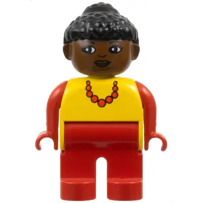Duplo Figure, Female, Red Legs, Yellow Top with Red Necklace, Black Curly Hair in Bun, Brown Head