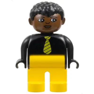 Duplo Figure, Male, Yellow Legs, Black Top and Yellow Striped Tie, Black Curly Hair, Brown Head
