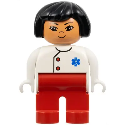 Duplo Figure, Doctor / Medic - Female, Adult Woman, Red Legs, White Top with Buttons and EMT Star of Life Pattern, Black Hair, Nougat Head (75498)