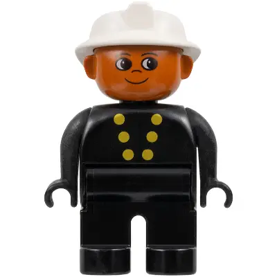 Duplo Figure, Firefighter - Male, Adult Man, Black Legs, Black Top with Buttons Pattern, White Fire Helmet, Dark Orange Head (75509)