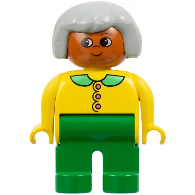 Duplo Figure - Female, Adult Woman, Green Legs, Yellow Top with Collar and Buttons Pattern, Light Gray Hair, Dark Orange Head (75512)