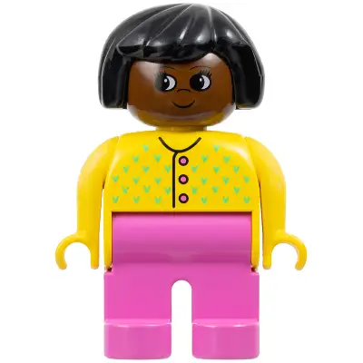 Duplo Figure - Female, Adult Woman, Dark Pink Legs, Yellow Top with Buttons and V Stitching Pattern, Black Hair, Brown Head (75504)