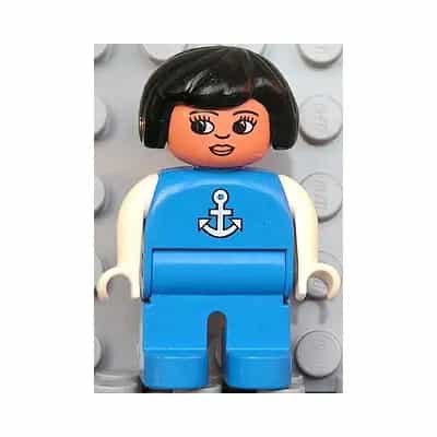 Duplo Figure, Female, Blue Legs, Blue Top with White Anchor, Black Hair