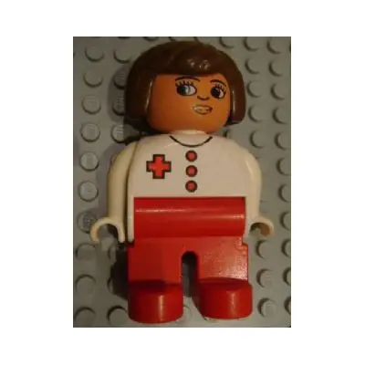 Duplo Figure, Female Medic, Red Legs, White Top, Brown Hair, Red Cross