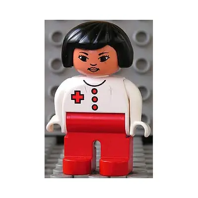 Duplo Figure, Female Medic, Red Legs, White Top with Red Buttons and Cross, Black Hair, Lips
