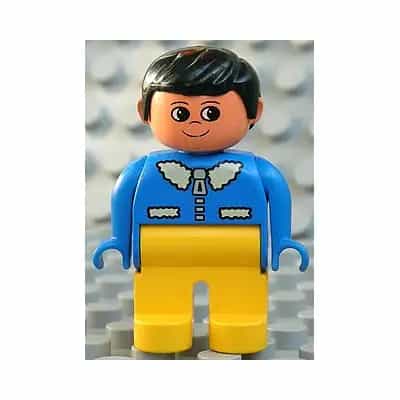 Duplo Figure, Male, Yellow Legs, Blue Top with White Collar, Black Hair