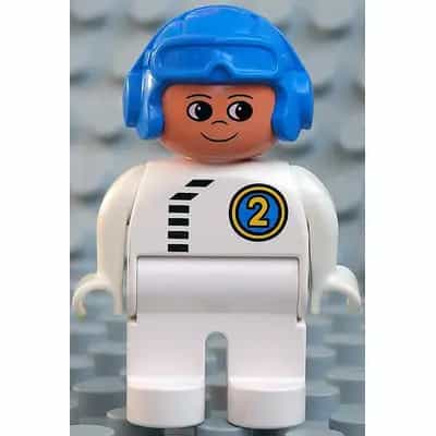 Duplo Figure, Male, White Legs, White Top with Black Zipper and Racer #2, Blue Aviator Helmet (75716)