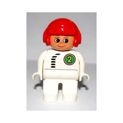 Duplo Figure, Male, White Legs, White Top with Black Zipper and Racer #2, Round Eyes, Red Aviator Helmet
