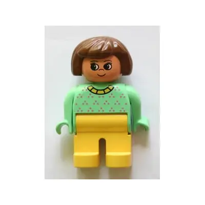 Duplo Figure, Female, Yellow Legs, Light Green Top with Purple Dots, Yellow Collar, Brown Hair