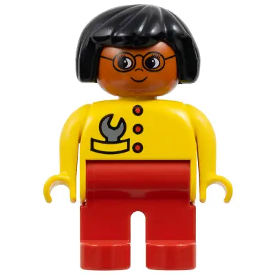 Duplo Figure - Female, Adult Woman, Red Legs, Yellow Top with Buttons and Wrench in Pocket Pattern, Black Hair, Dark Orange Head (75510)