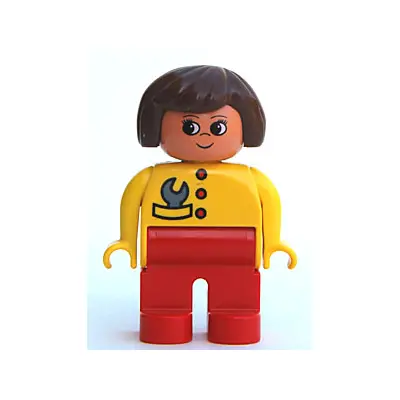 Duplo Figure, Female, Red Legs, Yellow Top with Red Buttons & Wrench in Pocket, Brown Hair, Turned Up Nose