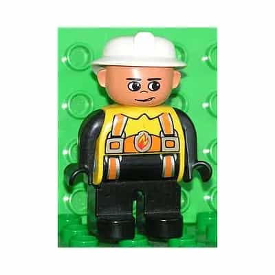 Duplo Figure, Male Fireman, Black Legs, Yellow Top with Flame and Orange Suspenders, White Fire Helmet, no Moustache
