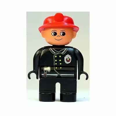 Duplo Figure, Male Fireman, Black Legs, Black Top with Flame Logo, Red Fire Helmet, no Moustache (4171017)
