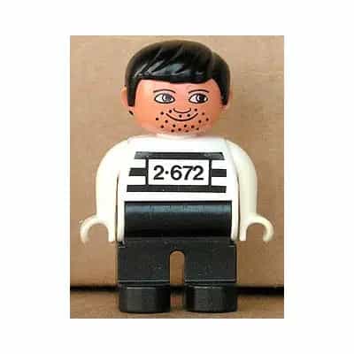 Duplo Figure, Male, Black Legs, White Top with 2-672 Number on Chest, Black Hair, White Hands, Stubble, Moustache Stubble (Jailbreak Joe)
