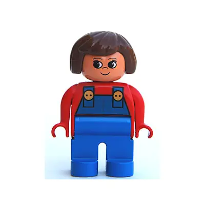 Duplo Figure, Female, Blue Legs, Red Top with Blue Overalls, Brown Hair, Turned Up Nose