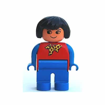 Duplo Figure, Female, Blue Legs, Red Top With Yellow And Red Polka Dot Scarf, Blue Arms, Black Hair, without Nose