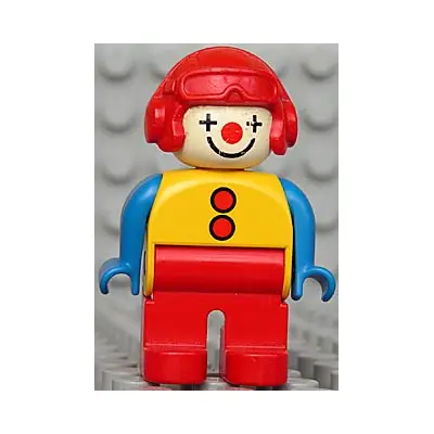 Duplo Figure, Male Clown, Red Legs, Yellow Top with 2 Buttons, Blue Arms, Red Aviator Helmet