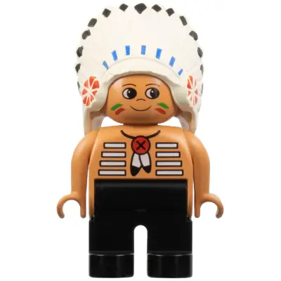 Duplo Figure, Male, Black Legs, Nougat Top with White Stripes (Native American Chief)