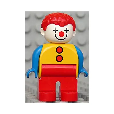 Duplo Figure, Male Clown, Red Legs, Yellow Top with 2 Buttons, Blue Arms, Red Hair Curly (4129940)