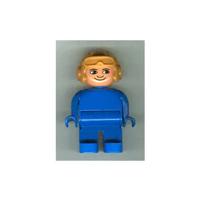 Duplo Figure, Male, Blue Legs, Blue Top, Aviator Helmet Fabuland Orange
