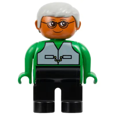 Duplo Figure - Male, Adult Man, Black Legs, Green Top with Vest Pattern, Gray Hair, Dark Orange Head (75511)