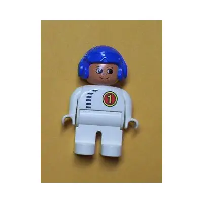 Duplo Figure, Male, White Legs, White Top with Black Zipper and Racer #1, Blue Aviator Helmet (75715)