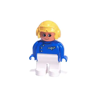 Duplo Figure, Male, White Legs, Blue Top with Plane Logo, Yellow Aviator Helmet, Turned Up Nose