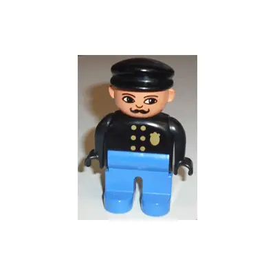 Duplo Figure, Male Police, Blue Legs, Black Top with Gold Badge, Black Hat, Turned Down Nose and Elliptical Eyes