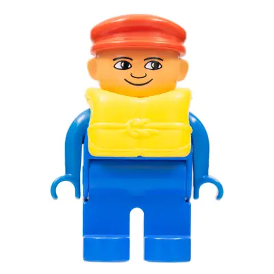 Duplo Figure, Male, Blue Legs, Blue Top, Life Jacket, Red Cap, White in Eyes