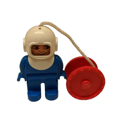 Duplo Figure, Male, Blue Legs, Blue Top, White Helmet, String and Red Reel