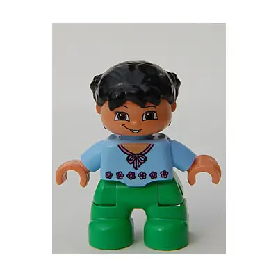Duplo Figure Lego Ville, Child Girl, Bright Green Legs, Light Blue Top with Red Flowers, Black Hair (4644712, 6233812)