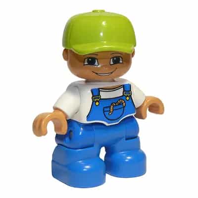 Duplo Figure Lego Ville, Child Boy, Blue Legs, White Top with Blue Overalls, Worms in Pocket, Lime Cap (4251086, 6233829)