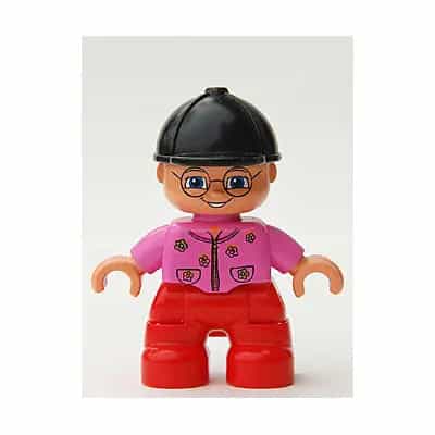 Duplo Figure Lego Ville, Child Girl, Red Legs, Dark Pink Top With Flowers, Black Riding Helmet, Glasses