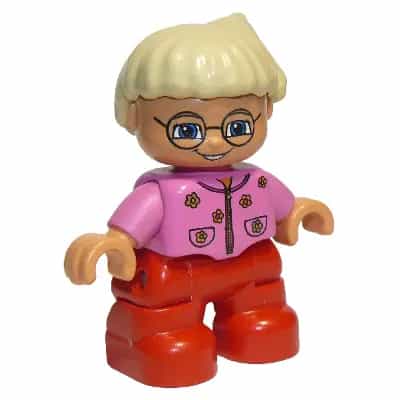 Duplo Figure Lego Ville, Child Girl, Red Legs, Dark Pink Top With Flowers, Light Blond Hair With Ponytail, Glasses