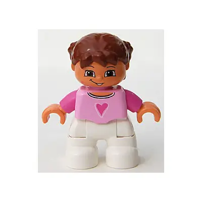 Duplo Figure Lego Ville, Child Girl, White Legs, Bright Pink Top, Dark Pink Arms, Reddish Brown Hair with Braids