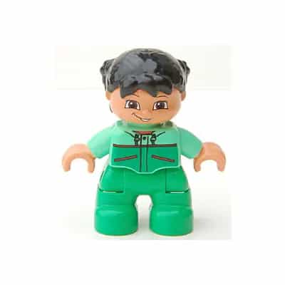 Duplo Figure Lego Ville, Child Girl, Bright Green Legs, Medium Green Top with Red Trim, Black Hair