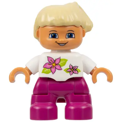 Duplo Figure Lego Ville, Child Girl, Magenta Legs, White Top with Two Flowers, White Arms, Tan Hair (4521596, 6012989, 6228505)