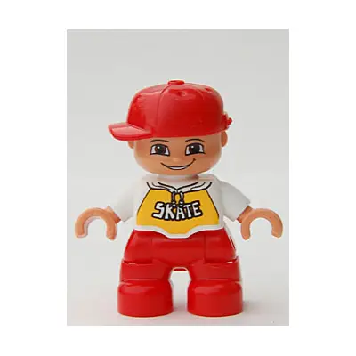 Duplo Figure Lego Ville, Child Boy, Red Legs, White Top with 'SKATE' Pattern, Red Cap