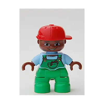 Duplo Figure Lego Ville, Child Boy, Bright Green Legs, Bright Light Blue Top with Bright Green Overalls with Worms in Pocket, Brown Head, Red Cap