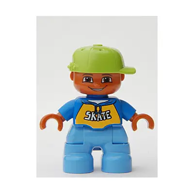 Duplo Figure Lego Ville, Child Boy, Medium Blue Legs, Blue Top with 'SKATE' Text Pattern, Lime Cap