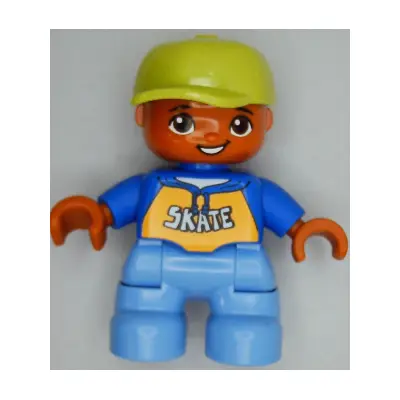 Duplo Figure Lego Ville, Child Boy, Medium Blue Legs, Blue Top with 'SKATE' Text Pattern, Lime Cap, Oval Eyes
