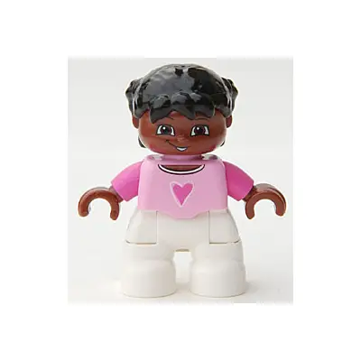Duplo Figure Lego Ville, Child Girl, White Legs, Bright Pink Top, Dark Pink Arms, Brown Head, Black Hair with Braids