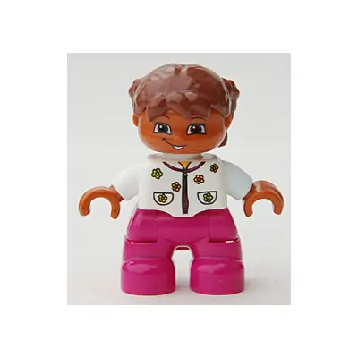 Duplo Figure Lego Ville, Child Girl, Magenta Legs, White Top with Flowers, Reddish Brown Hair with Braids