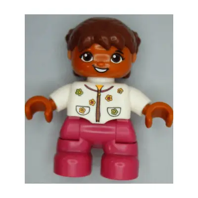 Duplo Figure Lego Ville, Child Girl, Magenta Legs, White Top with Flowers, Reddish Brown Hair with Braids, Oval Eyes